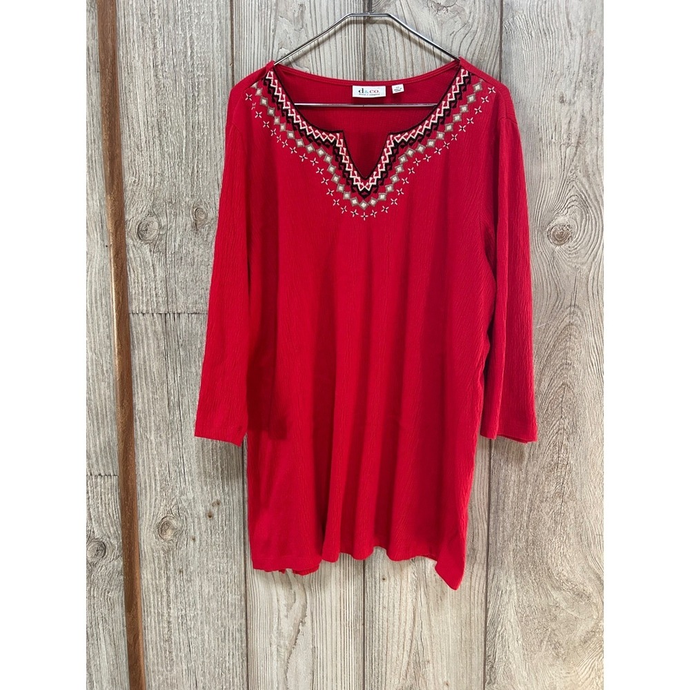 Denim & Co Womens XL Red Embroidered Split Neck 3/4 Sleeve Gauze Tunic Top - Picture 3 of 7